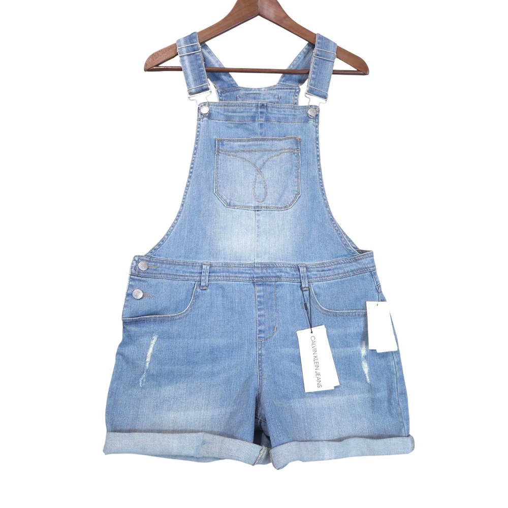 Calvin Klein Shortalls Overalls Girl XL 16 Light Wash Distressed Denim Jorts NWT